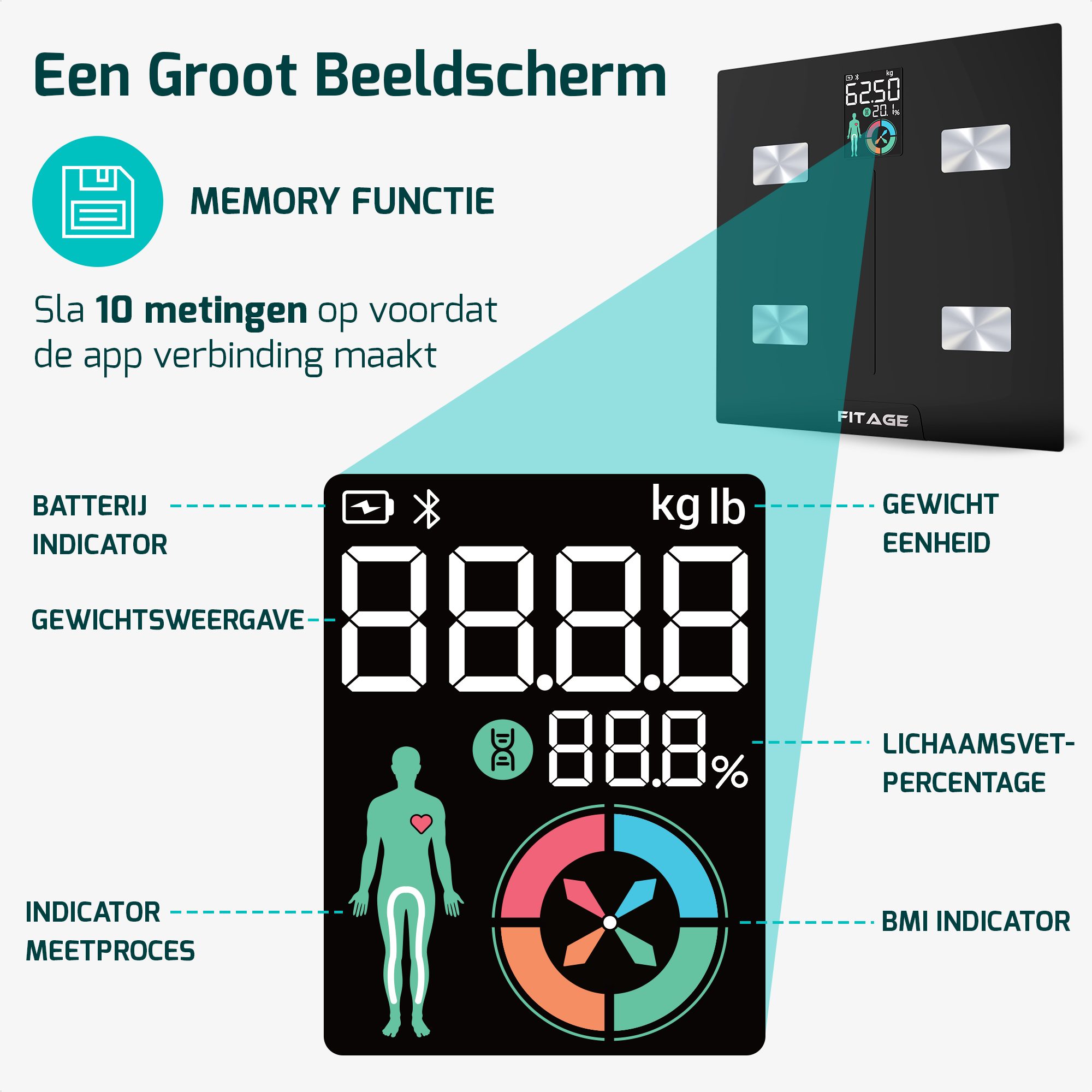 Personenweegschaal LCD - Weegschaal met 17x Lichaamsanalyse - Vetpercentagemeter - FITAGE App